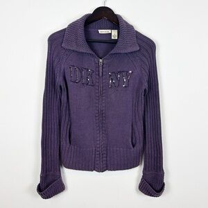 DKNY Jeans Y2K Purple Sweater Women's Size Medium Sequined Logo Full Zip
